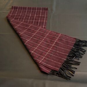 Pronto Uomo 100% Wool Scarf Burgundy Plaid Woolmark Fringe